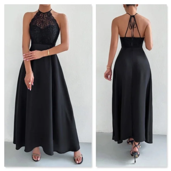 Rouge! Dresses | Black Elegant Maxi Dress Lace Halter Neckline Tie Back Backless Flared Long | Color: Black | Size: L | Pm-97557907'S Closet